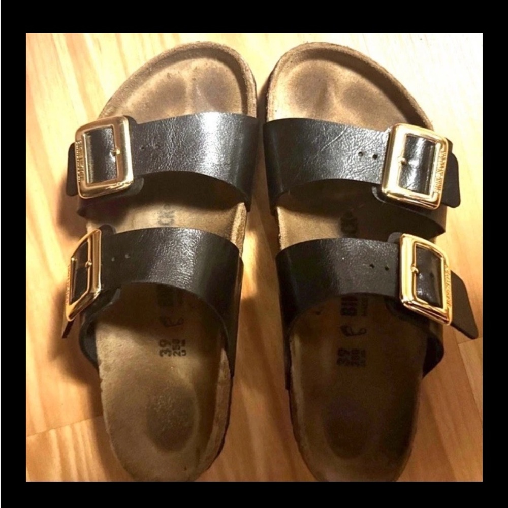 Birkenstock Arizona Big Gold Buckle Black Nubuck  Size 39 Worn A Few Times